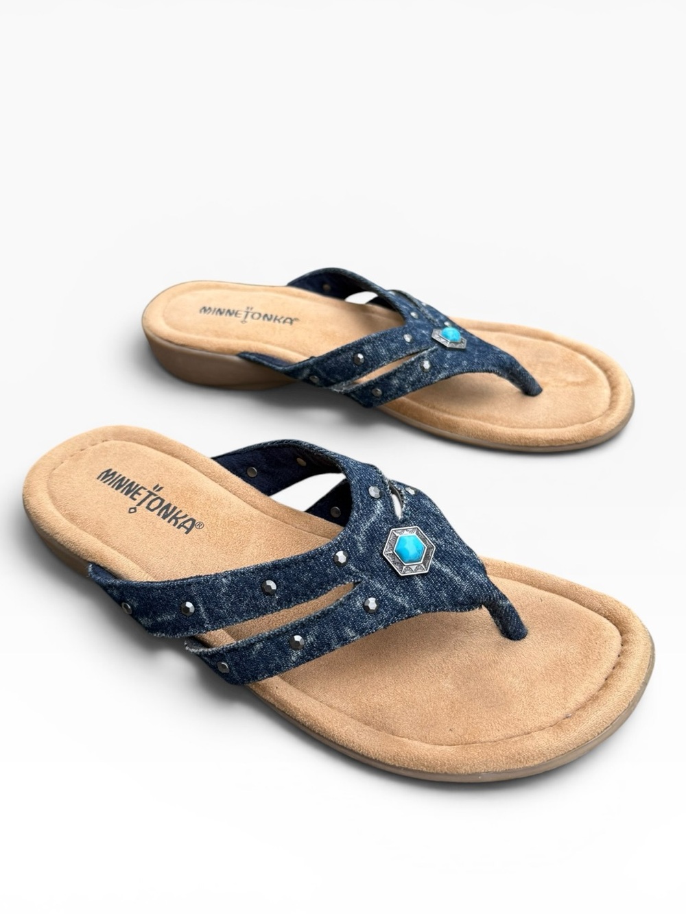 Minnetonka Silverthorne 360 Blue Denim Sandals Metal Turquoise Coastal size 8